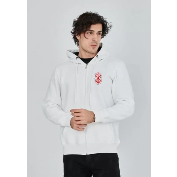 Unisex Baskılı Tam Fermuarlı Kapşonlu SweatShirt - Beyaz