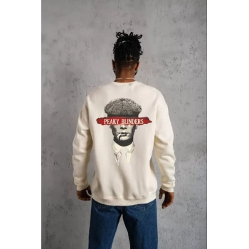 Unisex Bisiklet Yaka Baskılı Oversize Sweatshirt - Beyaz