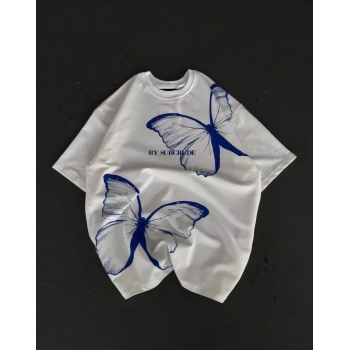 Unisex Bisiklet Yaka Baskılı Oversize T-Shirt - Beyaz