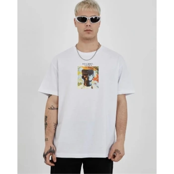 Unisex Bisiklet Yaka Baskılı Oversize T-Shirt - Beyaz
