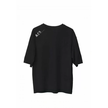 Unisex Bisiklet Yaka Baskılı Oversize T-Shirt - Siyah