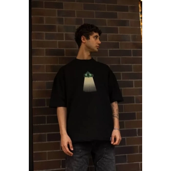 Unisex Bisiklet Yaka Baskılı Oversize T-Shirt - Siyah
