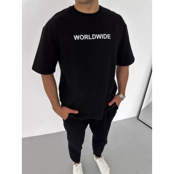 Unisex Bisiklet Yaka Baskılı Oversize T-Shirt - Siyah