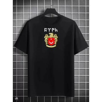 Unisex Bisiklet Yaka Baskılı Oversize T-Shirt - Siyah