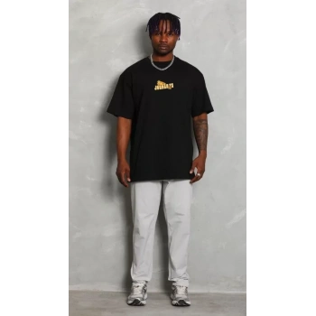 Unisex Bisiklet Yaka Baskılı Oversize T-Shirt - Siyah