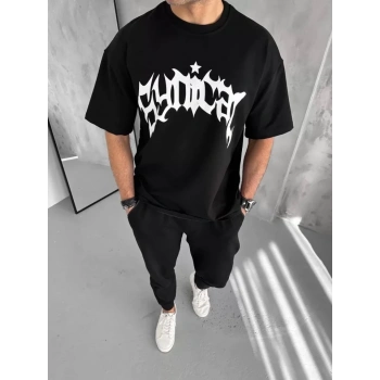 Unisex Bisiklet Yaka Baskılı Oversize T-Shirt - Siyah