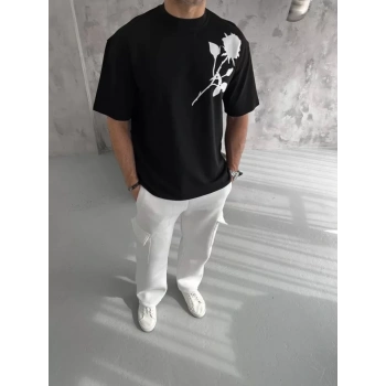 Unisex Bisiklet Yaka Baskılı Oversize T-Shirt - Siyah