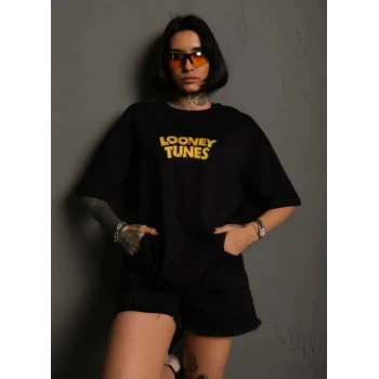 Unisex Bisiklet Yaka Baskılı Oversize T-Shirt - Siyah