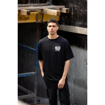 Unisex Bisiklet Yaka Baskılı Oversize T-Shirt - Siyah