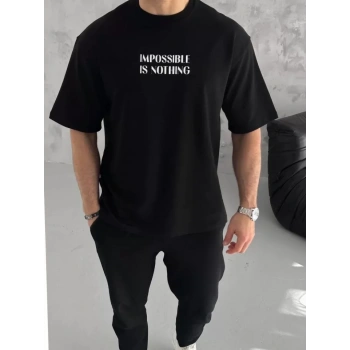 Unisex Bisiklet Yaka Baskılı Oversize T-Shirt - Siyah