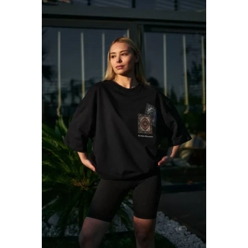 Unisex Bisiklet Yaka Baskılı Oversize T-Shirt - Siyah