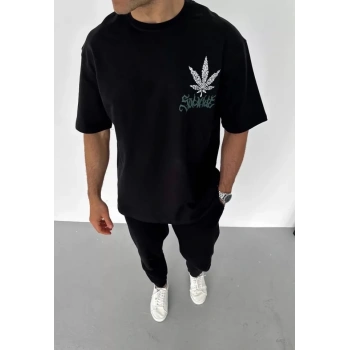 Unisex Bisiklet Yaka Baskılı Oversize T-Shirt - Siyah