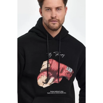 Unisex Kapüşonlu Üç İplik Oversize Baskılı Sweatshirt - Siyah