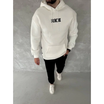 Uzun Kol Kapşonlu Göğüs Baskılı SweatShirt - Beyaz