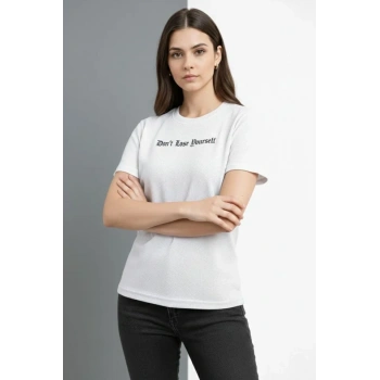 Wafıl Kumaş Tişört Regular Kalıp Bisiklet Yaka Baskılı Günlük Basic T-Shirt - Beyaz