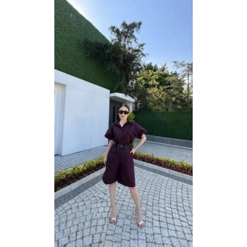 Yakalı Gömlek Kemerli Şortlu Takım - Bordo