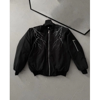 Yıldırım Baskılı Uzun Kol Bomber Ceket - Siyah