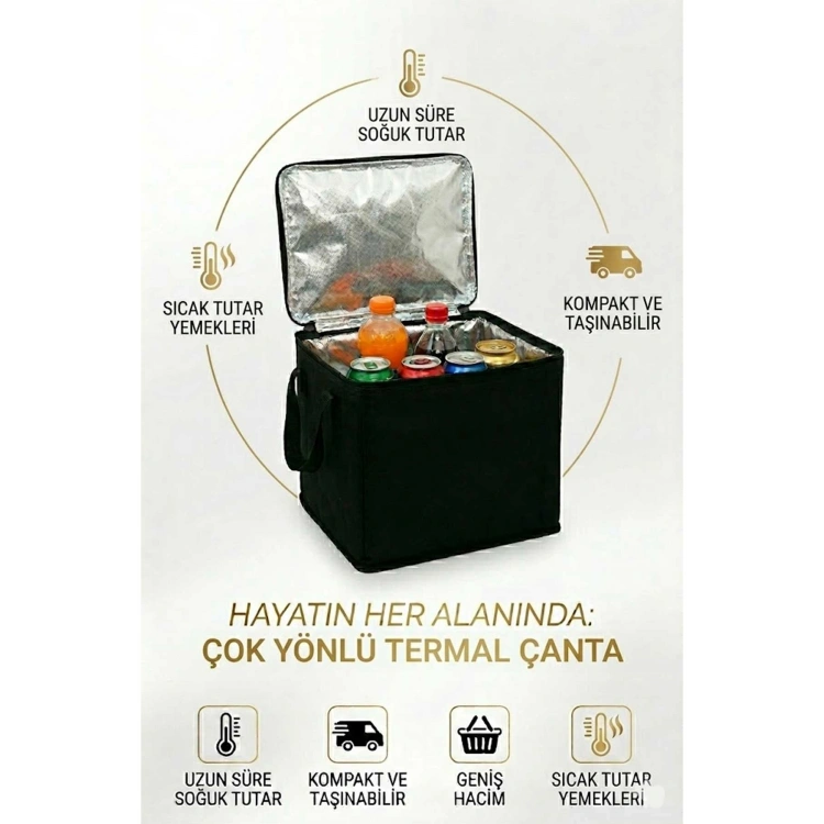 Termal Isı Yalıtımlı Termos Çanta 20L Geniş Hacimli Katlanabilir Soğutucu ve Sıcak Piknik Çantası siyah