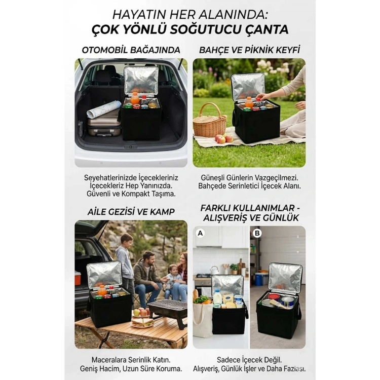 Termal Isı Yalıtımlı Termos Çanta 20L Geniş Hacimli Katlanabilir Soğutucu ve Sıcak Piknik Çantası siyah