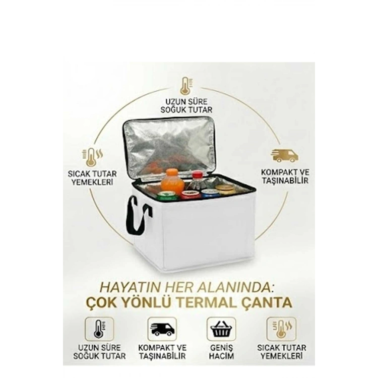 Termal Isı Yalıtımlı Termos Çanta 20L Geniş Hacimli Katlanabilir Soğutucu ve Sıcak Piknik Çantası beyaz