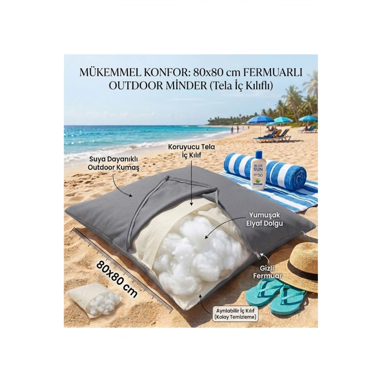 Su Geçirmez Plaj Minderi ve Bahçe Minderi - 600 Denye Fermuarlı, İç Kılıflı Yer Minderi beach minderi-Mavi