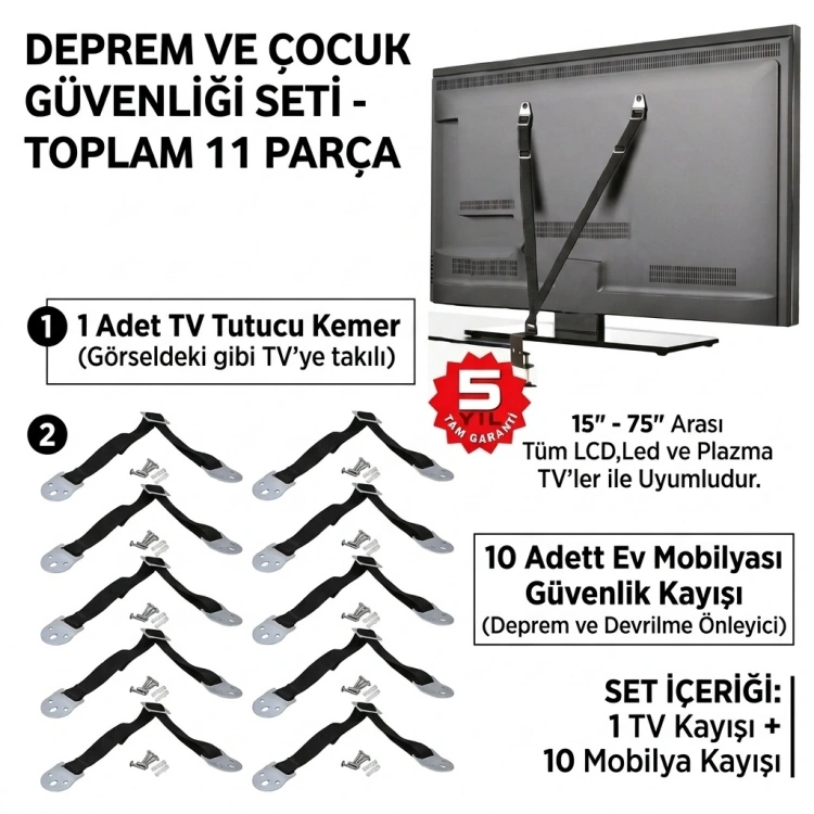 TV ve Mobilya Deprem Güvenlik Kemeri Seti 11 Parça – TV Sabitleme Aparatı ve Devrilme Önleyici Kayış