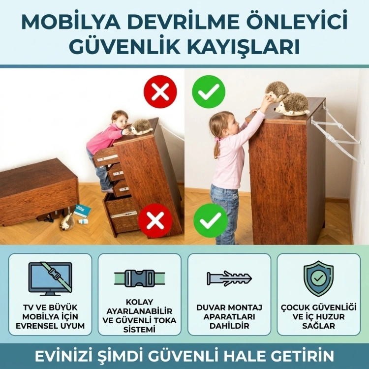 TV ve Mobilya Deprem Güvenlik Kemeri Seti 11 Parça – TV Sabitleme Aparatı ve Devrilme Önleyici Kayış