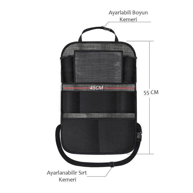 Araba Koltuk Arkası Eşya Düzenleyici Organizer Koltuk Arkası Koruyucu Tablet Cepli 2adet Grey