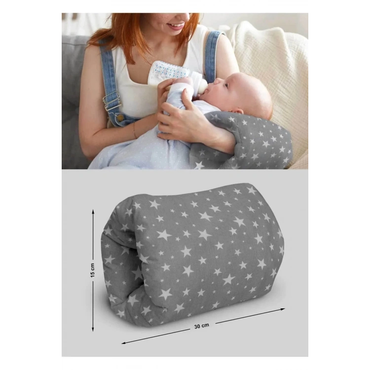 Extra Dolgulu Emzirme Destek Yastığı Portatif Silindir Bebek Emzirme Yastığı Yıldız Gri