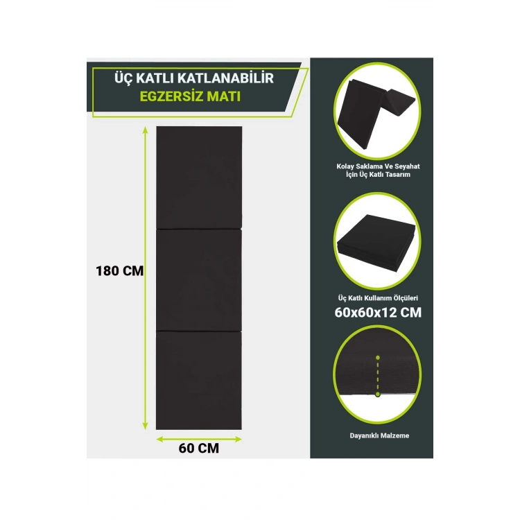 Üç Katlı Katlanabilir Kalın Spor Egzersiz Matı Temel Egzersiz Minderi Pilates Minderi 4CM Kalınlık siyah