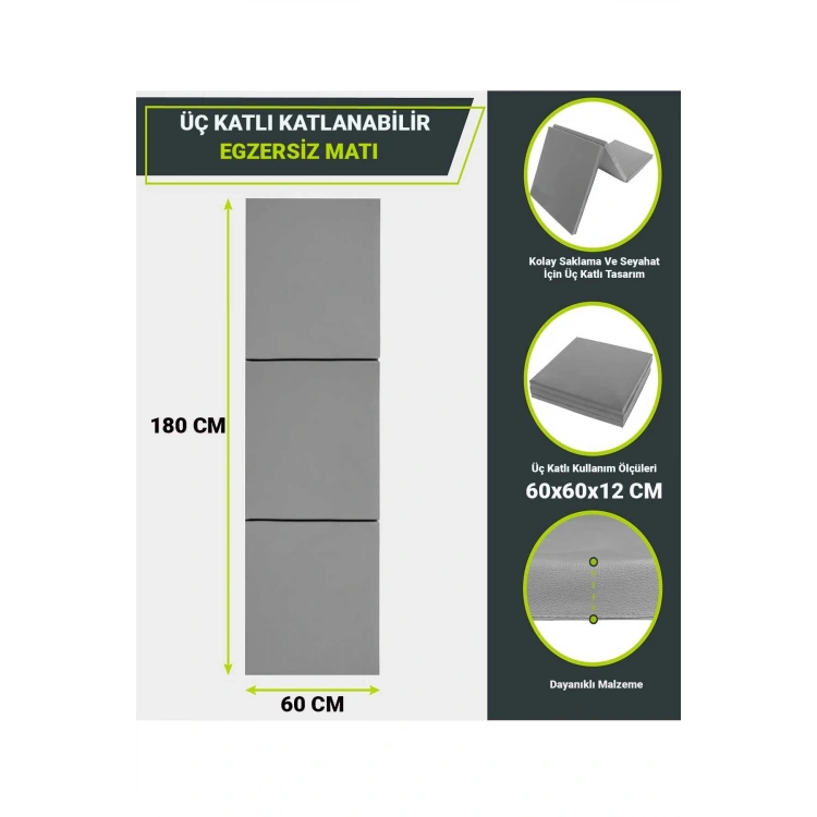 Üç Katlı Katlanabilir Kalın Spor Egzersiz Matı Temel Egzersiz Minderi Pilates Minderi 4CM Kalınlık gri