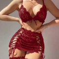 Bordo Transparan Dantel İşlemeli İp Detaylı Fantezi Takım