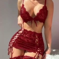 Bordo Transparan Dantel İşlemeli İp Detaylı Fantezi Takım