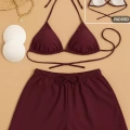 Kadın 3lü Set Bordo Şortlu Ve Yandan Bağlamalı Bikini Mayo Takımı