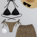 Kadın 3lü Set Siyah Ve Leopar Desenli Şortlu Yandan Bağlamalı Bikini Mayo Takımı