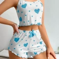 Kadın Beyaz Mavi Kalp Desenli Askılı Şortlu Pijama Takımı Rahat Şık 2’li Set