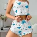 Kadın Beyaz Mavi Kalp Desenli Askılı Şortlu Pijama Takımı Rahat Şık 2’li Set