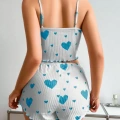 Kadın Beyaz Mavi Kalp Desenli Askılı Şortlu Pijama Takımı Rahat Şık 2’li Set