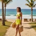 Kadın Fosforlu Şortlu Belden Ve Boyundan Bağlamalı Bikini Takımı