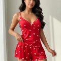 Kadın Kırmızı Kalp Desenli Şortlu Pijama Takımı Sevimli Rahat 2’li Set
