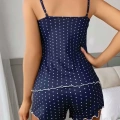 Kadın Lacivert Beyaz Puantiyeli Dantel Detaylı Şortlu Gecelik Pijama Takımı Şık 2’li Set