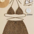 Kadın Leopar Desenli Şortlu Belden Ve Boyundan Bağlamalı Bikini Takımı