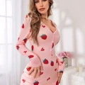 Kadın Pembe Çilek Desenli Pijama Tulumu 5125