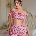 Kadın Pembe Çilek Desenli Şortlu Pijama Takımı