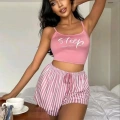Kadın Pembe Çizgili Desen Askılı Şortlu Pijama Takımı Rahat Şık 2’li Set