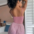 Kadın Pembe Çizgili Desen Askılı Şortlu Pijama Takımı Rahat Şık 2’li Set