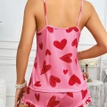 Kadın Pembe Kalp Baskılı Şortlu Gecelik Pijama Takımı Sevimli Rahat 2’li Set