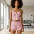 Kadın Pembe Kalp Desenli Askılı Şortlu Pijama Takımı Rahat Şık 2’li Set