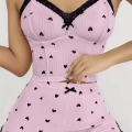Kadın Pembe Kalp Desenli Askılı Şortlu Pijama Takımı Rahat Şık 2’li Set