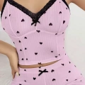 Kadın Pembe Kalp Desenli Askılı Şortlu Pijama Takımı Rahat Şık 2’li Set